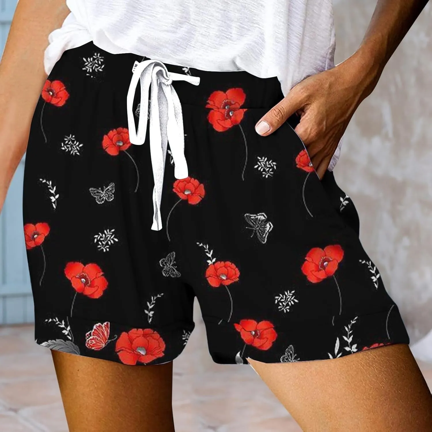 Shorts for Women Heart Print High Elastic Waisted Drawstring Comfy Shorts Lightweight Casual Summer Beach Shorts with Pocket