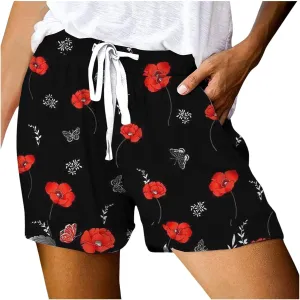 Shorts for Women Heart Print High Elastic Waisted Drawstring Comfy Shorts Lightweight Casual Summer Beach Shorts with Pocket
