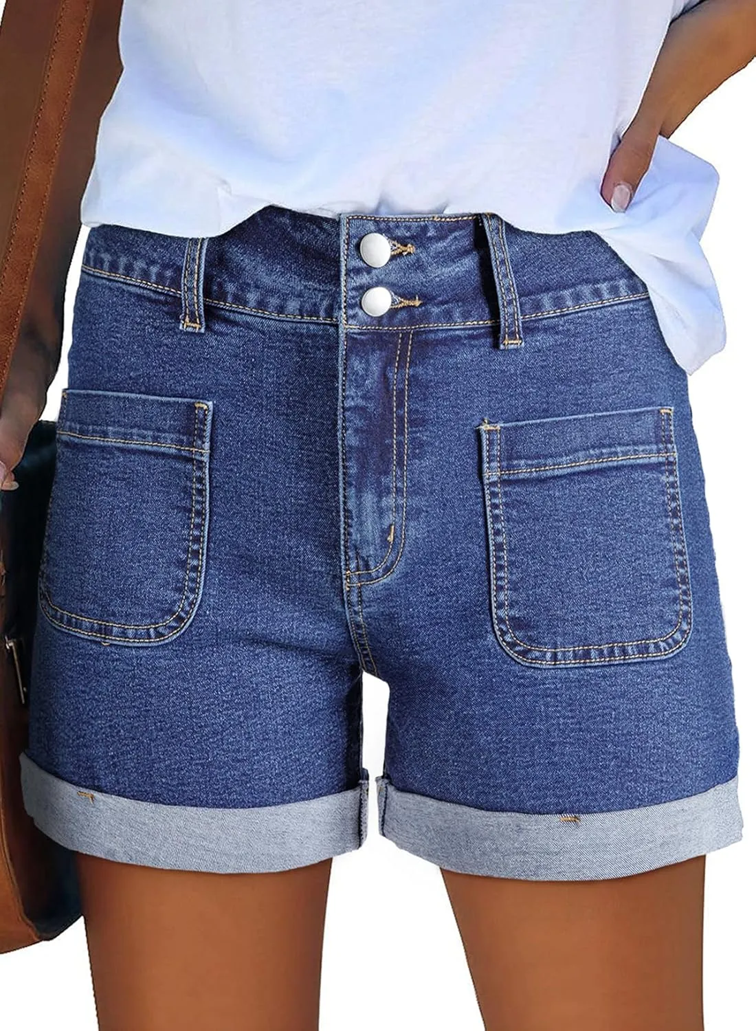 Sidefeel Women's Jean Shorts Casual High Waisted Folded Hem Zimbaplatinum Denim Shorts