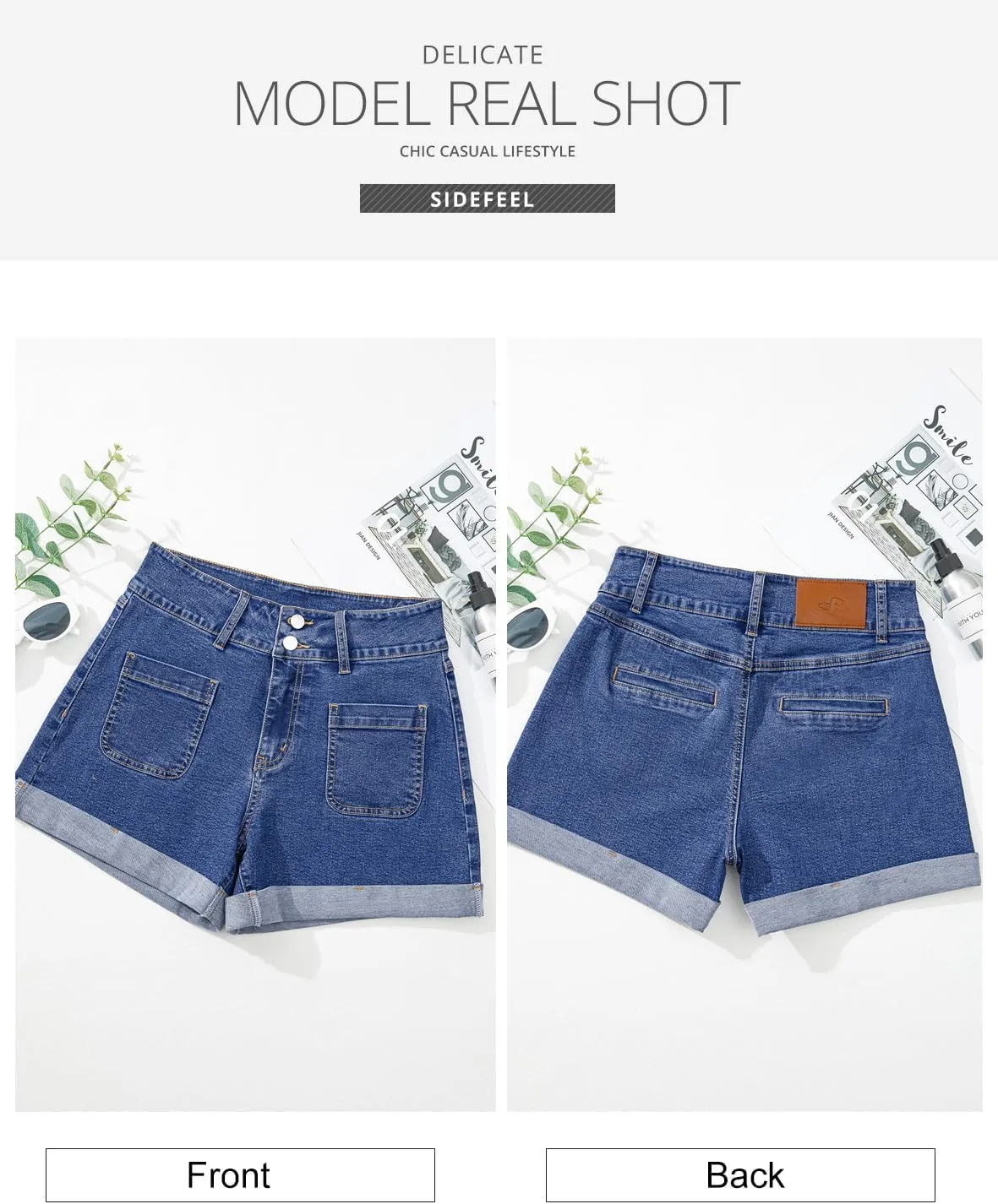 Sidefeel Women's Jean Shorts Casual High Waisted Folded Hem Zimbaplatinum Denim Shorts