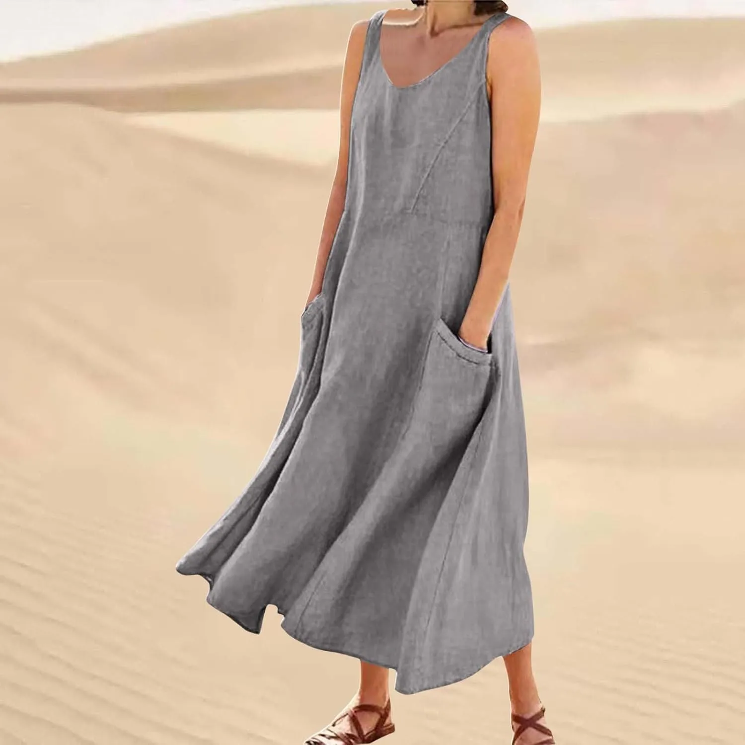 Sleeveless Striped Minn Dress Women's Fashionable Casual Solid Color Pocket V Neck Sleeveless Casual Dress 100