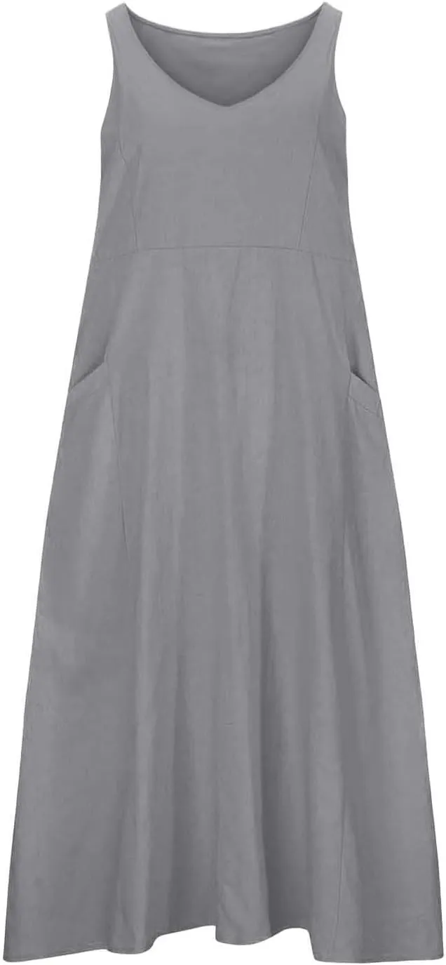 Sleeveless Striped Minn Dress Women's Fashionable Casual Solid Color Pocket V Neck Sleeveless Casual Dress 100