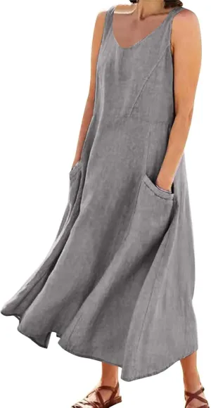Sleeveless Striped Minn Dress Women's Fashionable Casual Solid Color Pocket V Neck Sleeveless Casual Dress 100