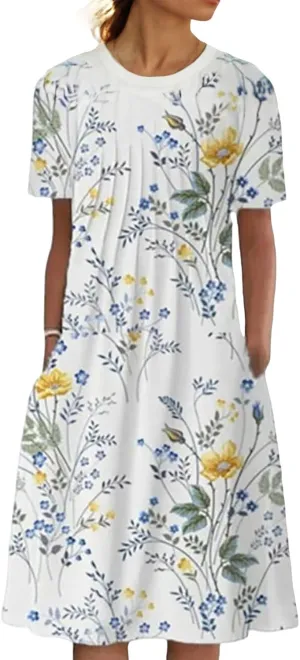 Smoneyful Womens Summer Cotton Dresses, Short Sleeve with Pockets, for Active Casual Wear, Baggy Graphic or Boho Floral Print