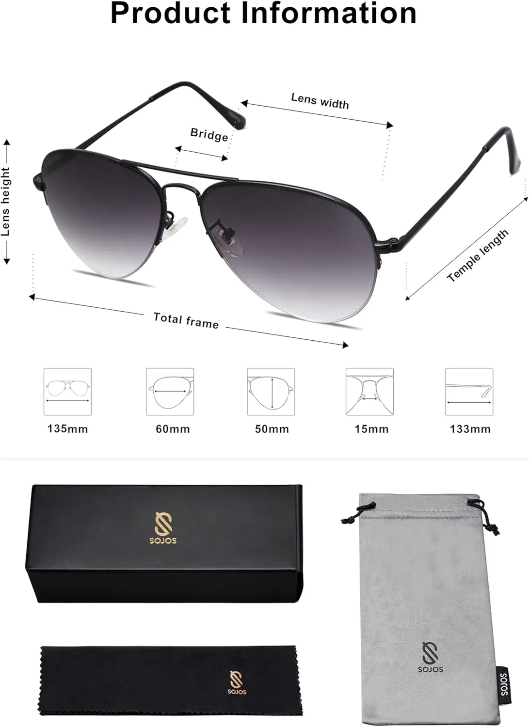 SOJOS Men's Women's Sunglasses, Classic Semi Rimless Metal Frame SJ1106