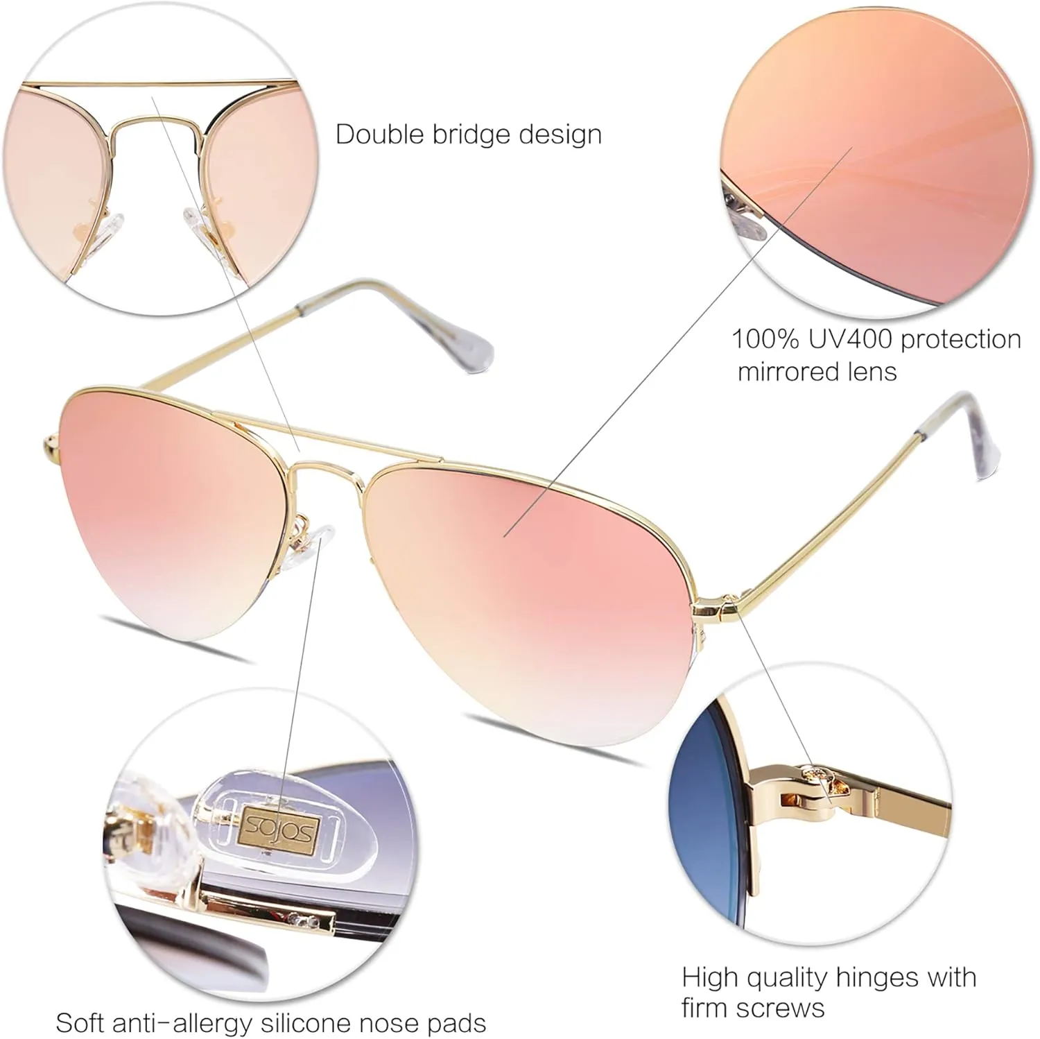 SOJOS Men's Women's Sunglasses, Classic Semi Rimless Metal Frame SJ1106