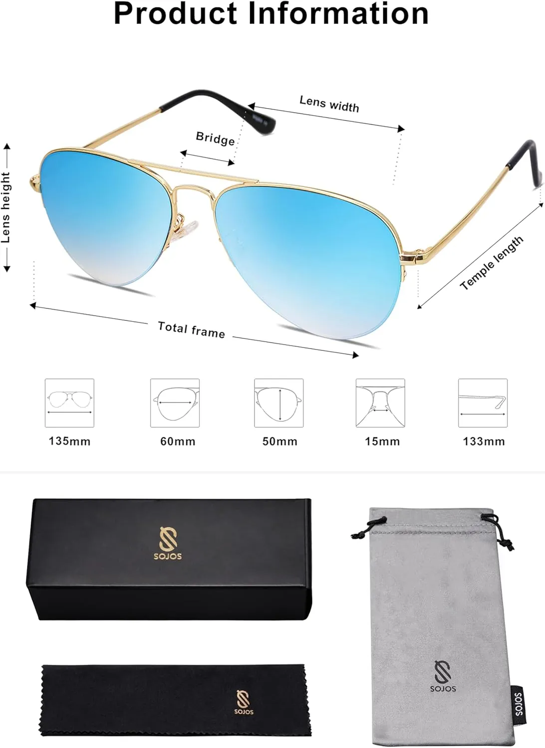 SOJOS Men's Women's Sunglasses, Classic Semi Rimless Metal Frame SJ1106