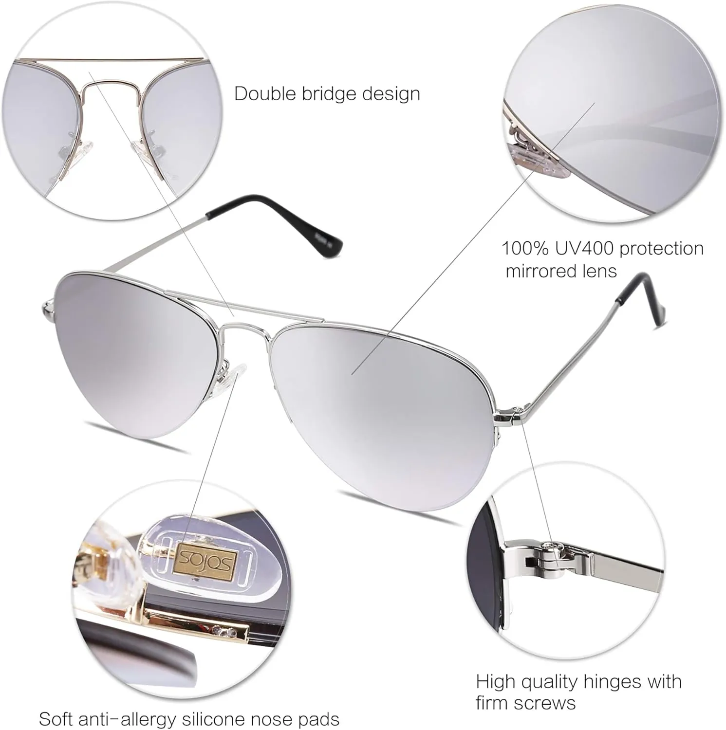 SOJOS Men's Women's Sunglasses, Classic Semi Rimless Metal Frame SJ1106