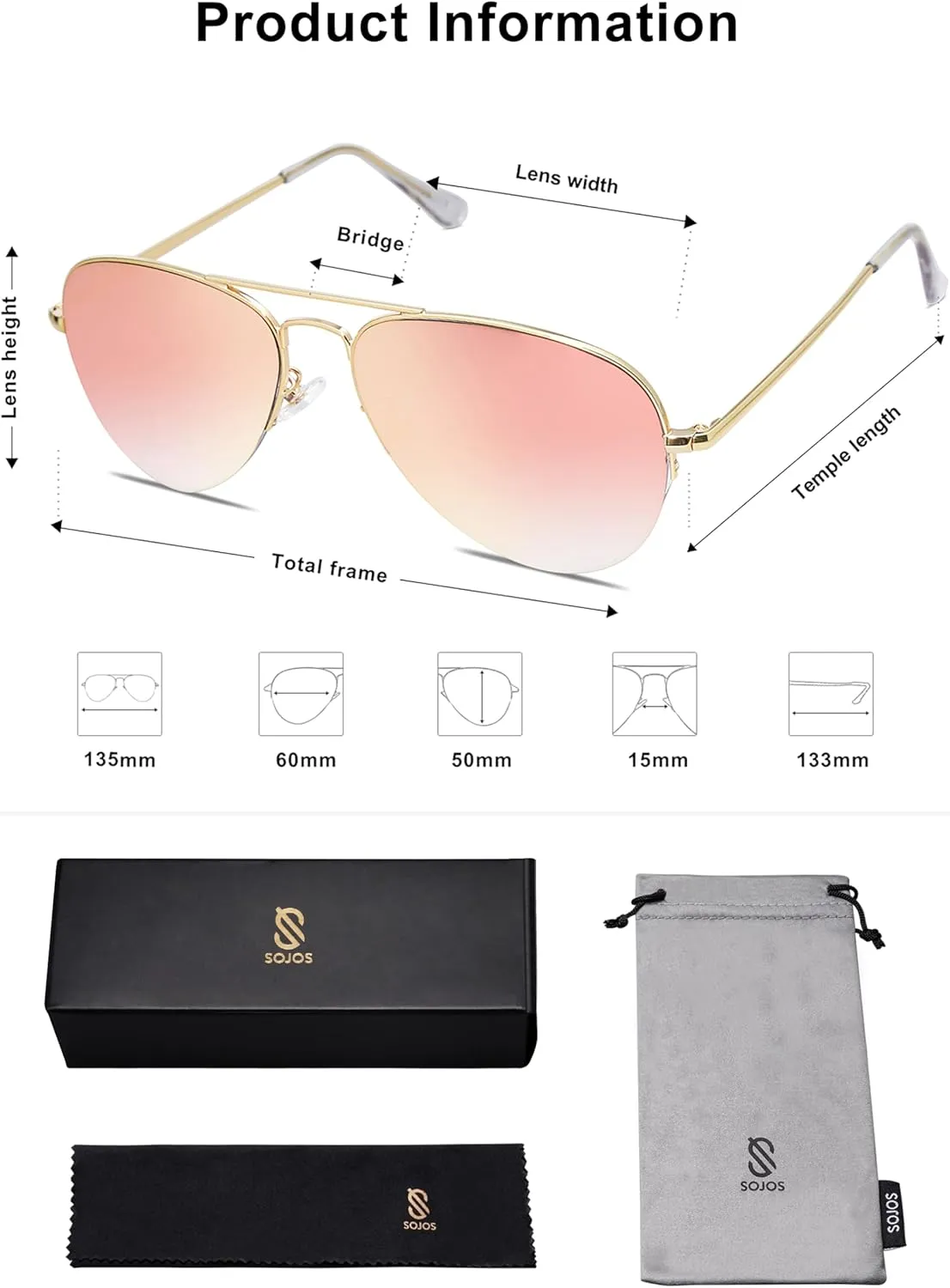 SOJOS Men's Women's Sunglasses, Classic Semi Rimless Metal Frame SJ1106