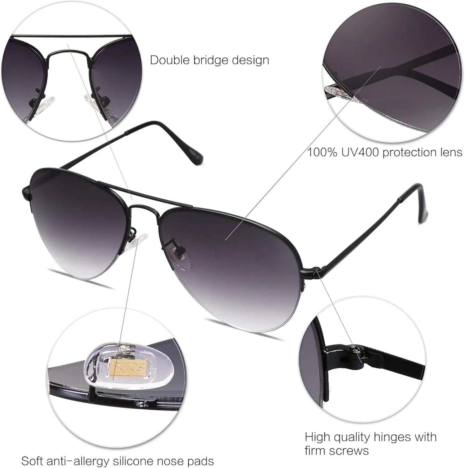 SOJOS Men's Women's Sunglasses, Classic Semi Rimless Metal Frame SJ1106