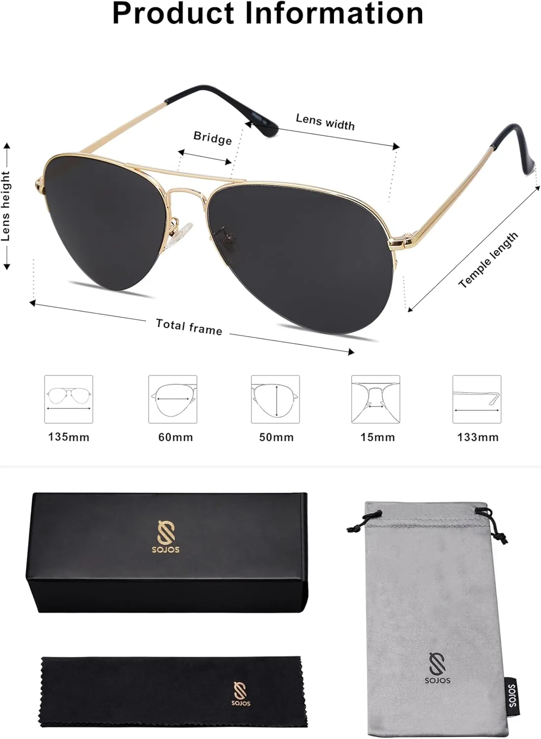 SOJOS Men's Women's Sunglasses, Classic Semi Rimless Metal Frame SJ1106
