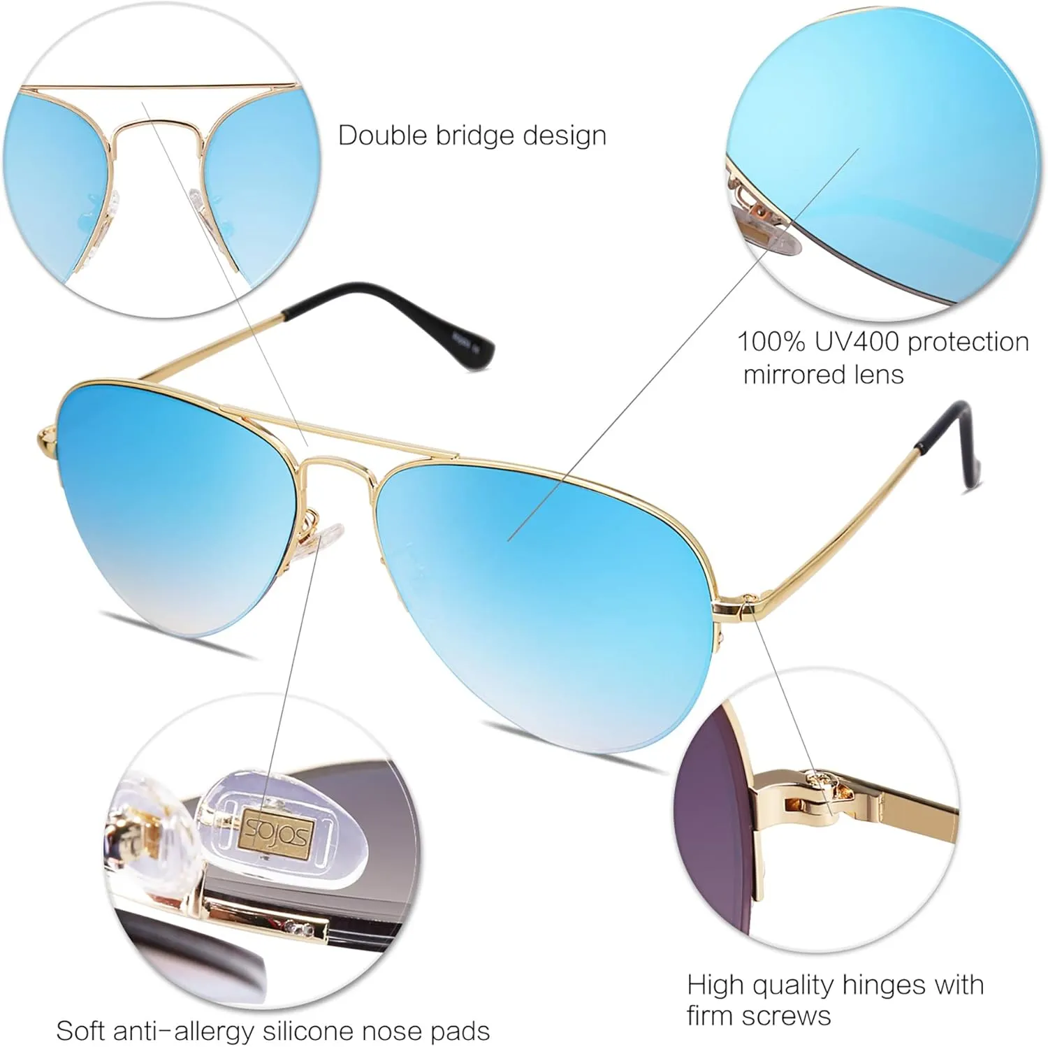 SOJOS Men's Women's Sunglasses, Classic Semi Rimless Metal Frame SJ1106