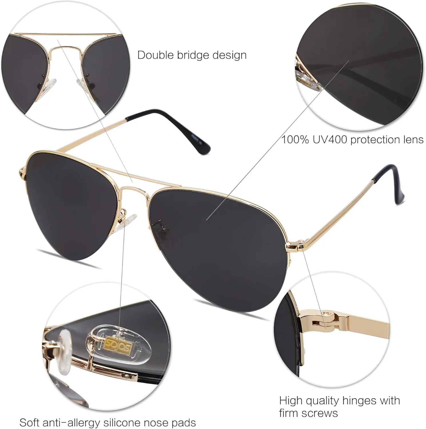 SOJOS Men's Women's Sunglasses, Classic Semi Rimless Metal Frame SJ1106