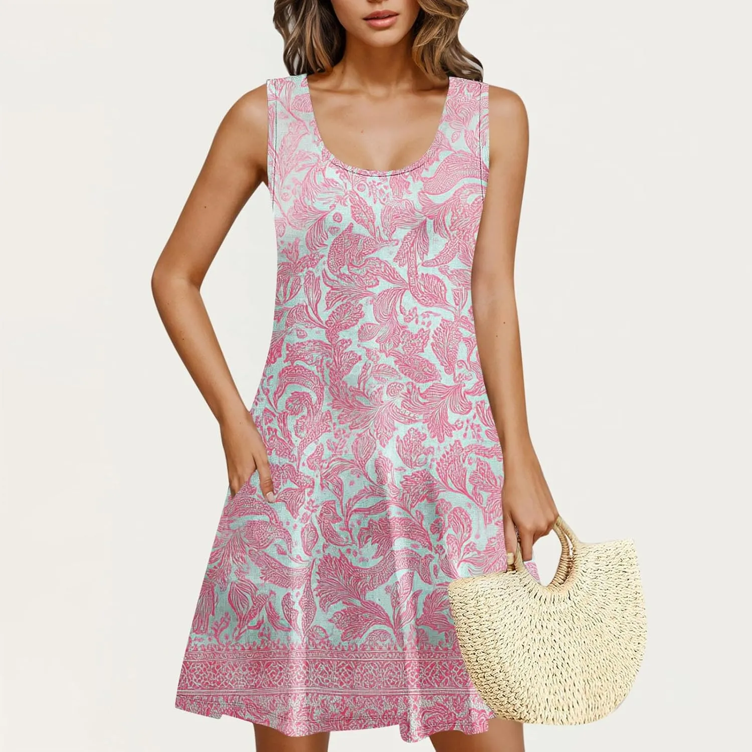 Summer Dresses for Women 2025 Vacation Boho Floral Beach Dress Cover Up Casual Loose V Neck Sleeveless Sundresses
