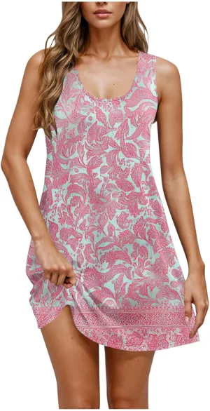 Summer Dresses for Women 2025 Vacation Boho Floral Beach Dress Cover Up Casual Loose V Neck Sleeveless Sundresses