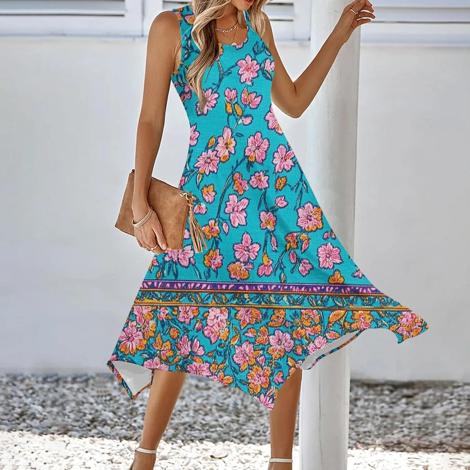 Summer Dresses for Women Floral Printed V Neck Spaghetti Strap Casual Maxi Sundress Plus Size Boho Dress with Pocket