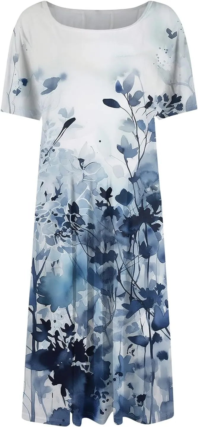 Summer Dresses for Women Flowy Casual Midi Dresses Aline Beach Tshirt Dress Floral Short Sleeve Dress with Pockets