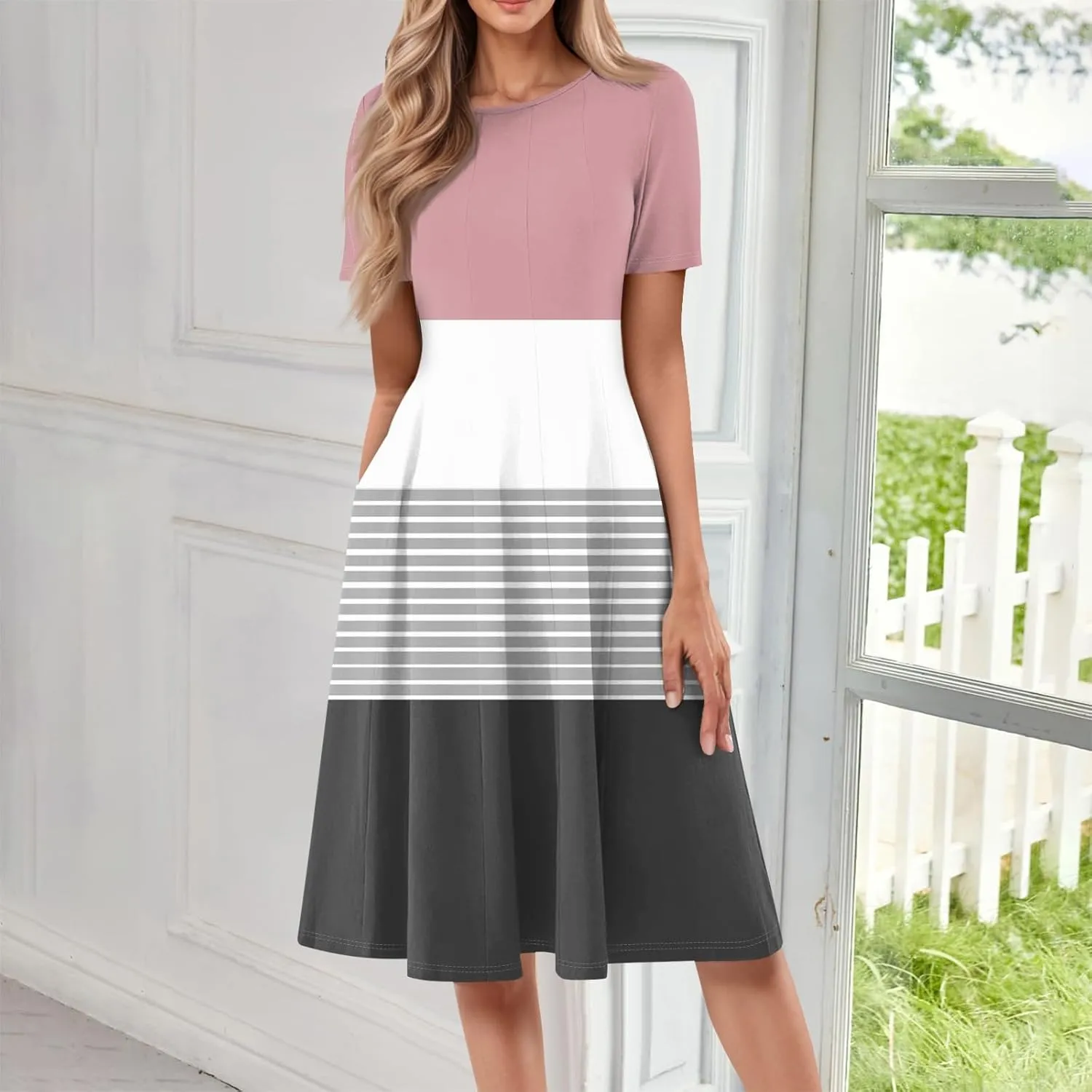 Summer Dresses for Women Flowy Floral Short Sleeve Dress Casual Beach Tshirt Dress Aline Midi Dresses with Pockets