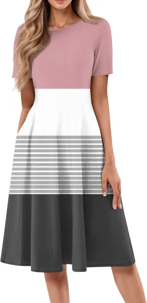Summer Dresses for Women Flowy Floral Short Sleeve Dress Casual Beach Tshirt Dress Aline Midi Dresses with Pockets