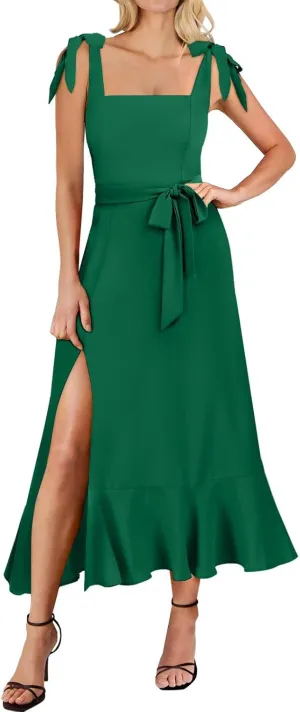 Summer Dresses for Women Square Neck Ruffle Split Dress Bow Strap Wedding Guest Dress Formal Cocktail Party Dresses