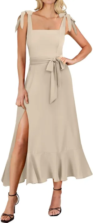Summer Dresses for Women Square Neck Ruffle Split Dress Bow Strap Wedding Guest Dress Formal Cocktail Party Dresses