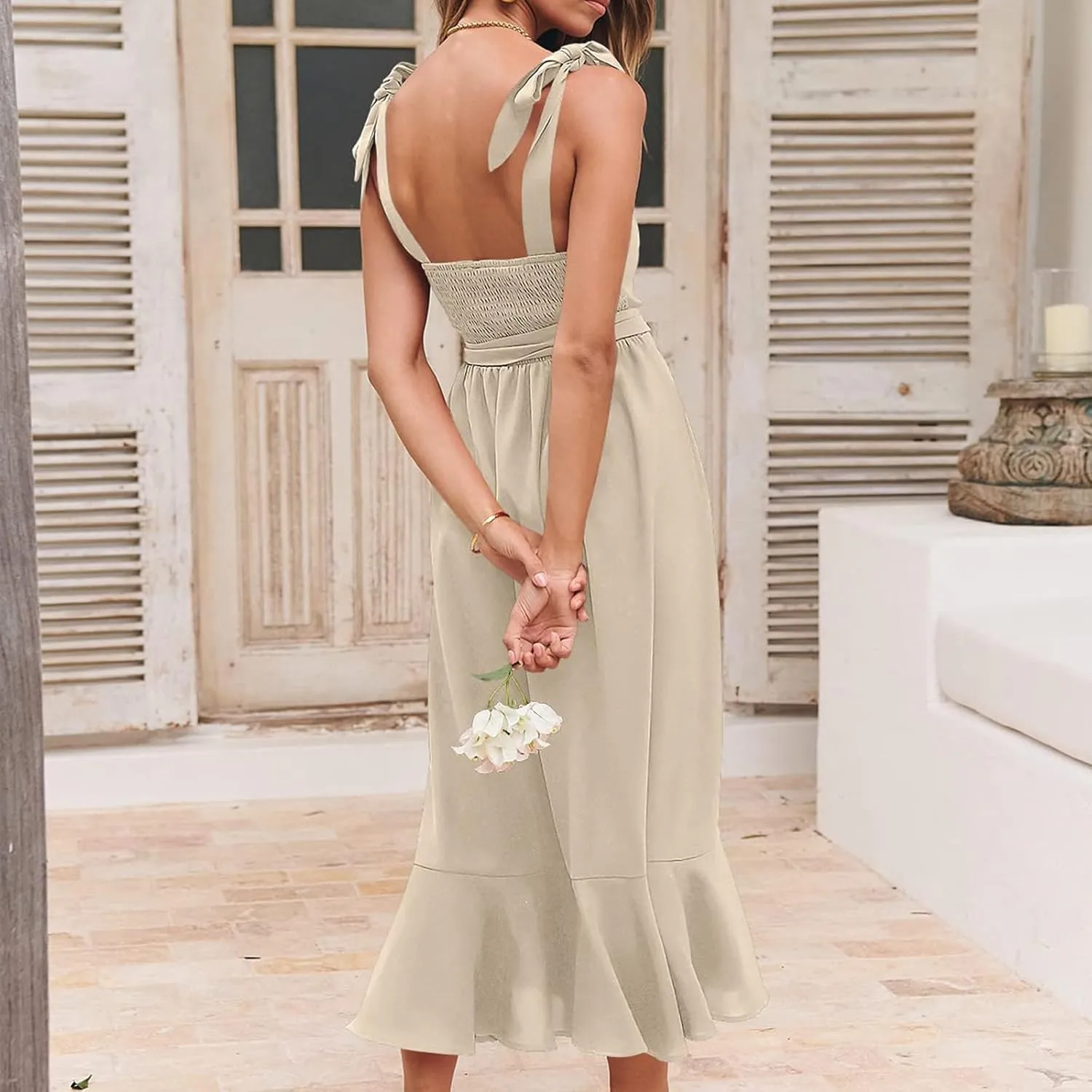 Summer Dresses for Women Square Neck Ruffle Split Dress Bow Strap Wedding Guest Dress Formal Cocktail Party Dresses