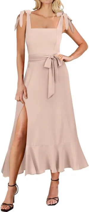 Summer Dresses for Women Square Neck Ruffle Split Dress Bow Strap Wedding Guest Dress Formal Cocktail Party Dresses