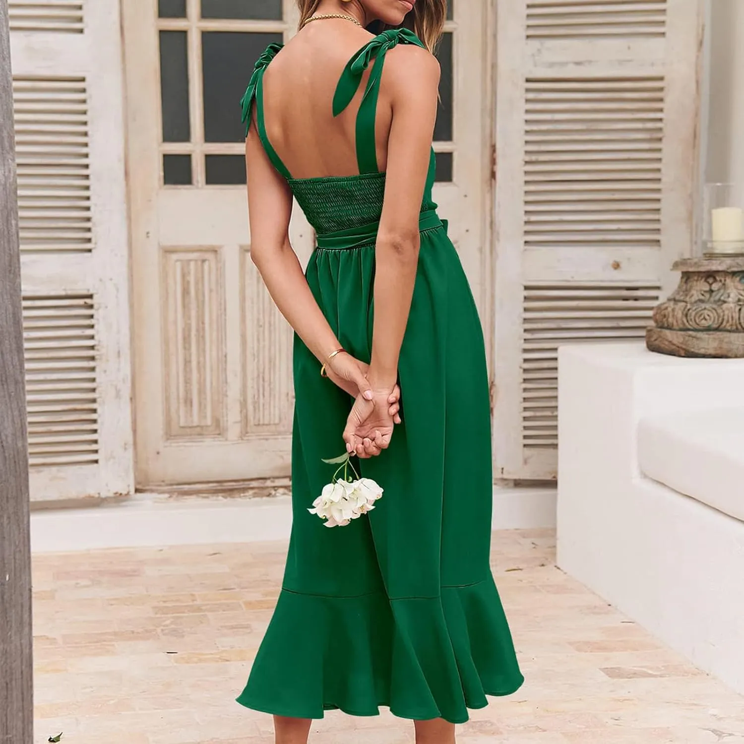 Summer Dresses for Women Square Neck Ruffle Split Dress Bow Strap Wedding Guest Dress Formal Cocktail Party Dresses