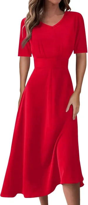 Summer Dresses for Women Summer Beach V Neck Short Sleeve Dress Solid Color Aline Tshirt Dress Casual Flowy Midi Dresses