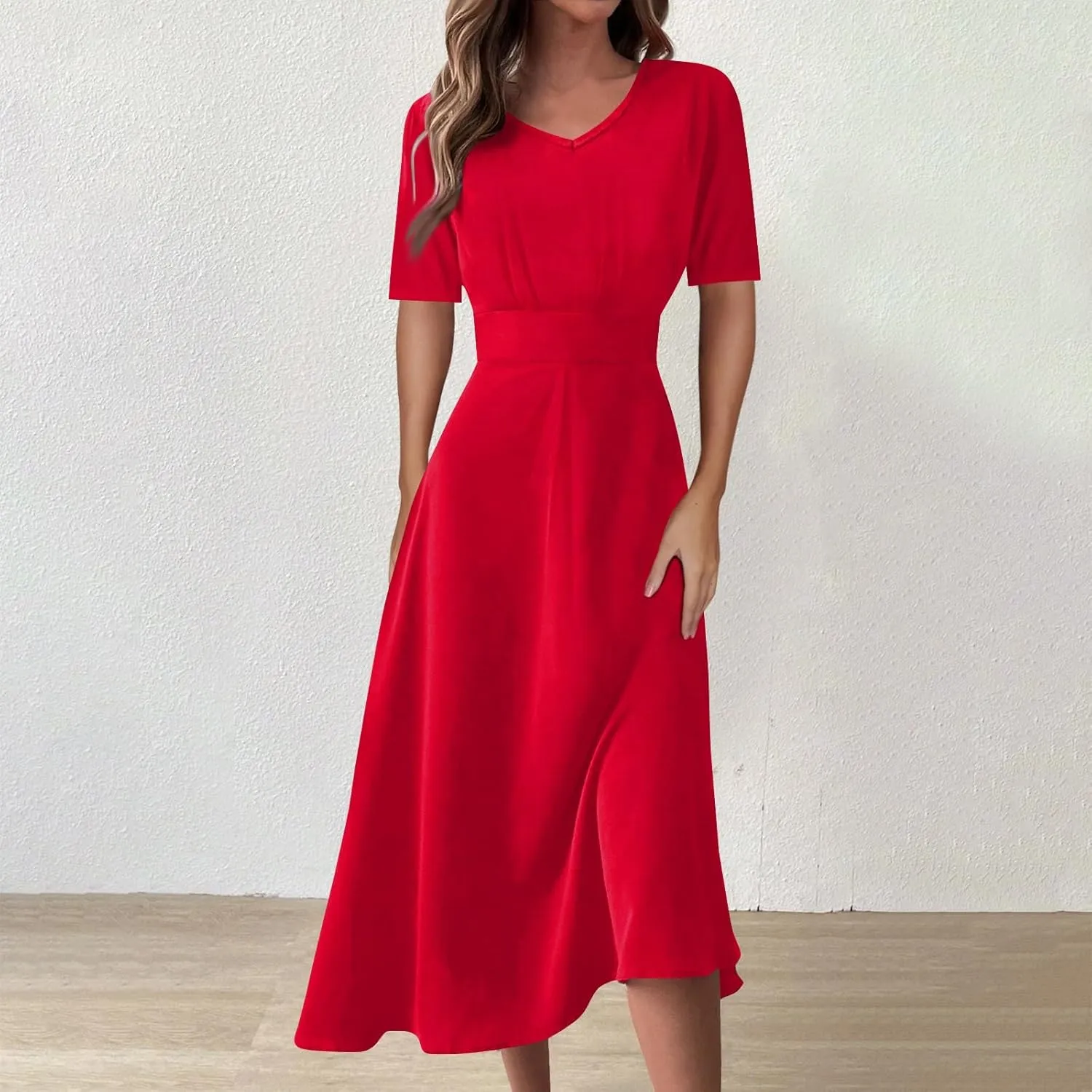Summer Dresses for Women Summer Beach V Neck Short Sleeve Dress Solid Color Aline Tshirt Dress Casual Flowy Midi Dresses