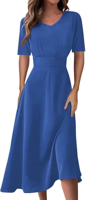 Summer Dresses for Women Summer Beach V Neck Short Sleeve Dress Solid Color Aline Tshirt Dress Casual Flowy Midi Dresses