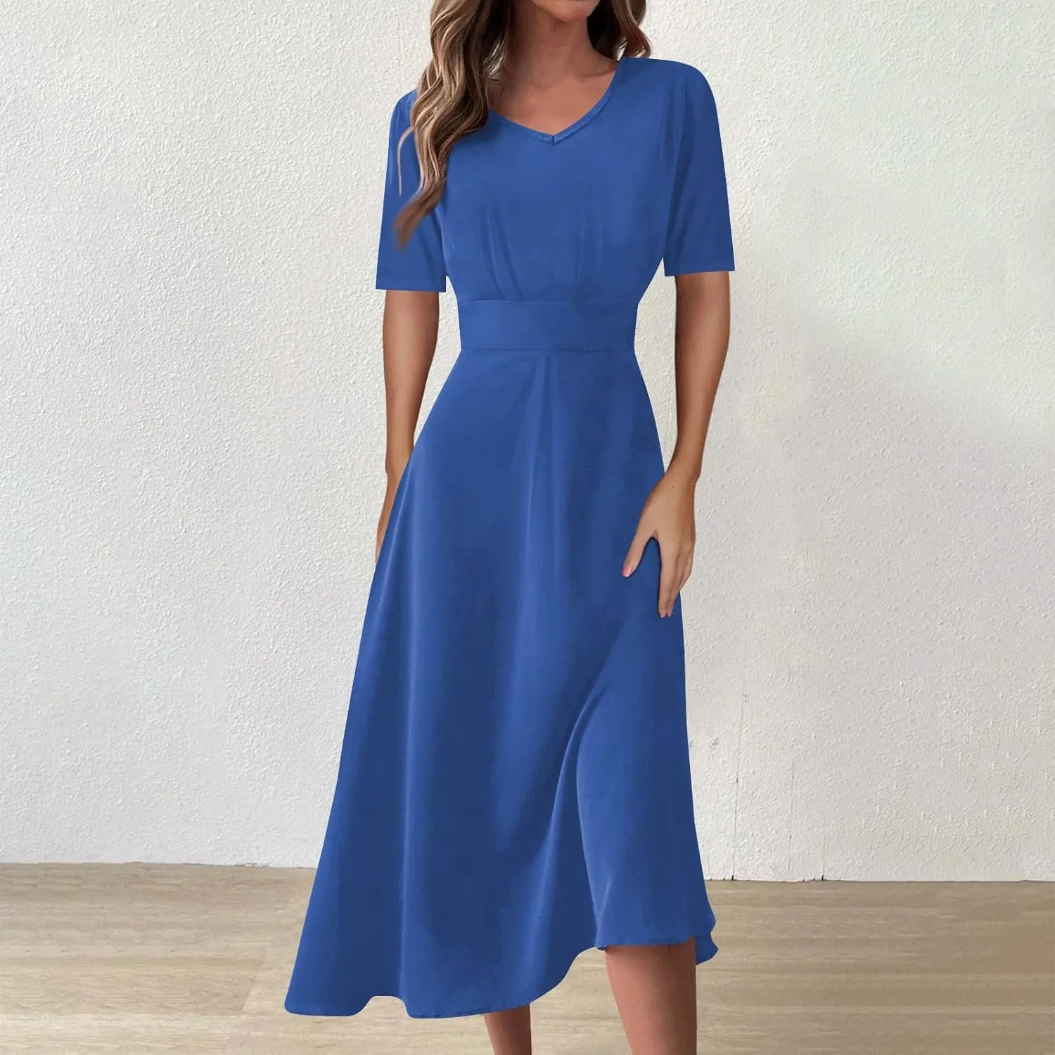 Summer Dresses for Women Summer Beach V Neck Short Sleeve Dress Solid Color Aline Tshirt Dress Casual Flowy Midi Dresses