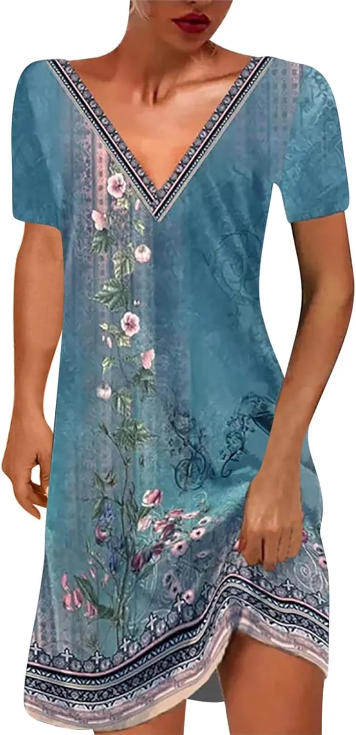 Summer Dresses for Women Vacation 2024 Casual Sloral Short Sleeve Sundresses Casual V Neck Boho Swing Dress