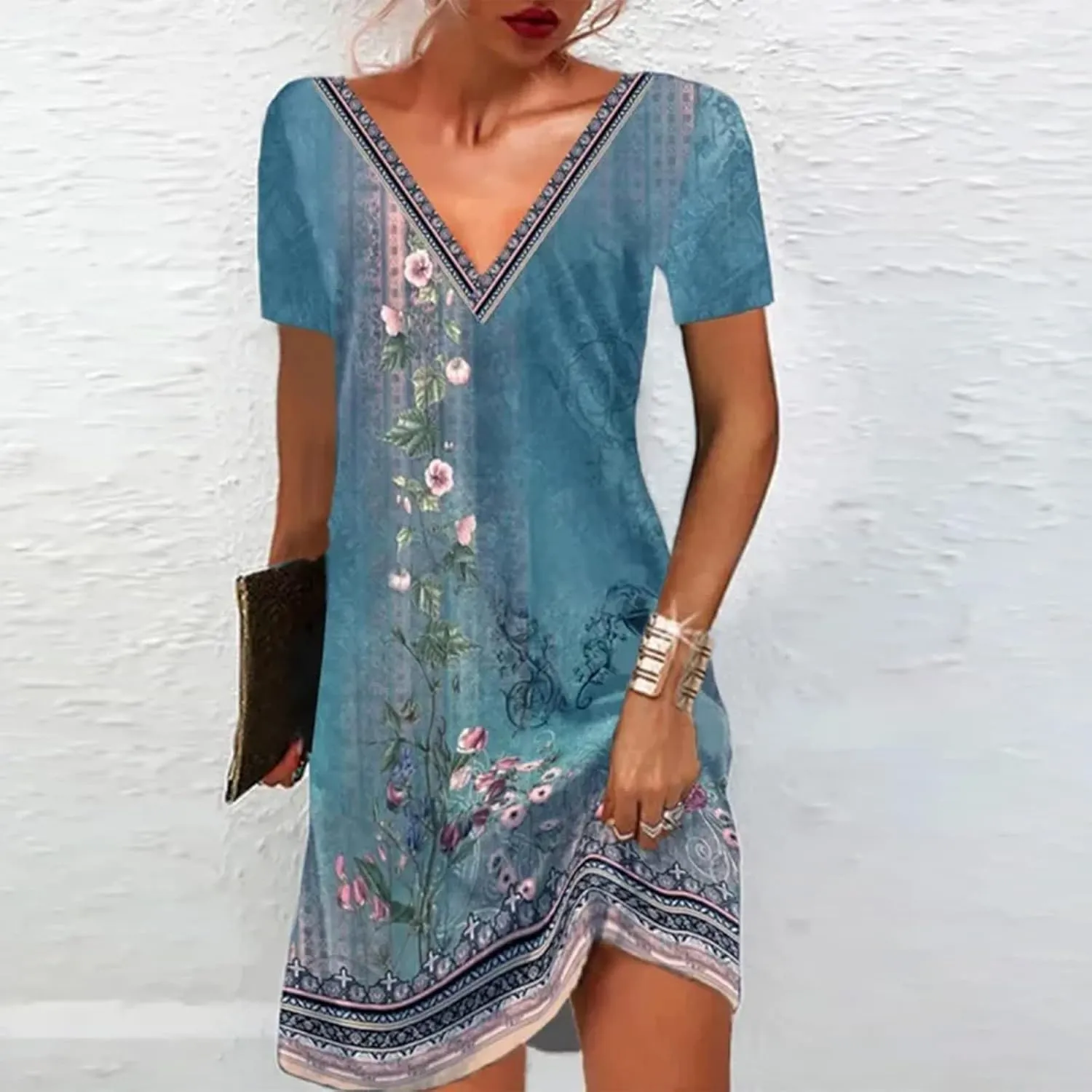 Summer Dresses for Women Vacation 2024 Casual Sloral Short Sleeve Sundresses Casual V Neck Boho Swing Dress