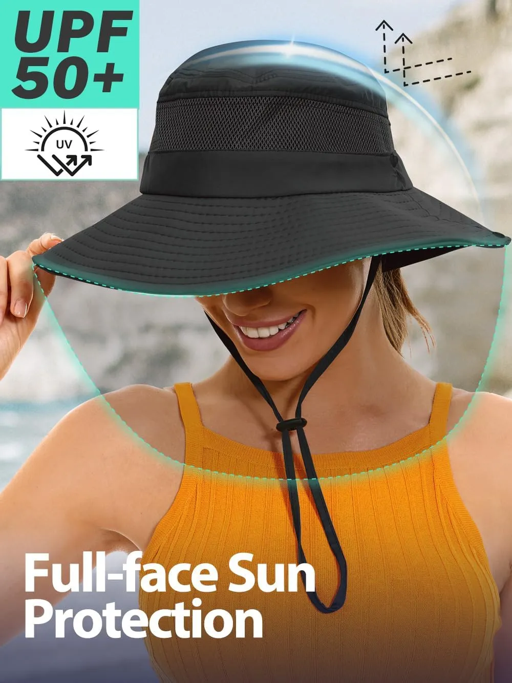 Sun Bucket Beach Hats for Women with Ponytail Hole,Sun Protection UV UPF50  Waterproof Fishing Safari Hiking Hat