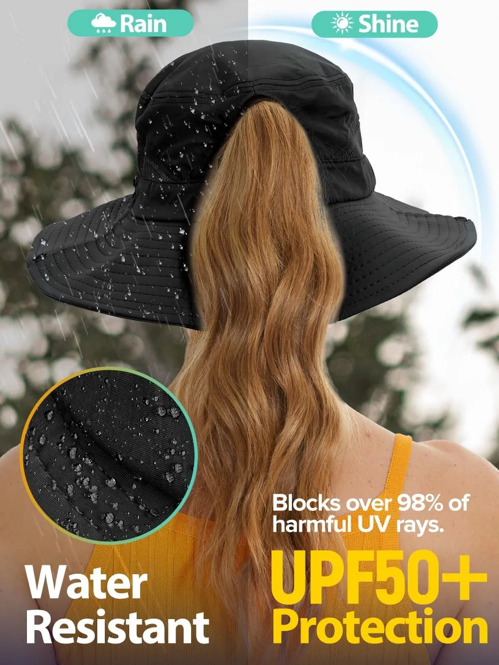 Sun Bucket Beach Hats for Women with Ponytail Hole,Sun Protection UV UPF50  Waterproof Fishing Safari Hiking Hat