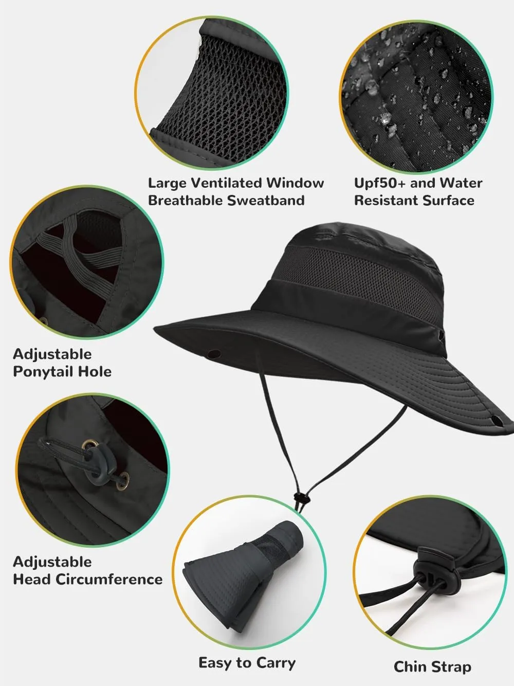 Sun Bucket Beach Hats for Women with Ponytail Hole,Sun Protection UV UPF50  Waterproof Fishing Safari Hiking Hat