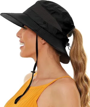 Sun Bucket Beach Hats for Women with Ponytail Hole,Sun Protection UV UPF50  Waterproof Fishing Safari Hiking Hat