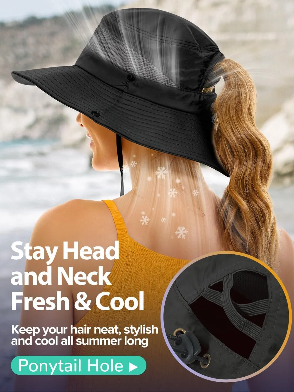 Sun Bucket Beach Hats for Women with Ponytail Hole,Sun Protection UV UPF50  Waterproof Fishing Safari Hiking Hat