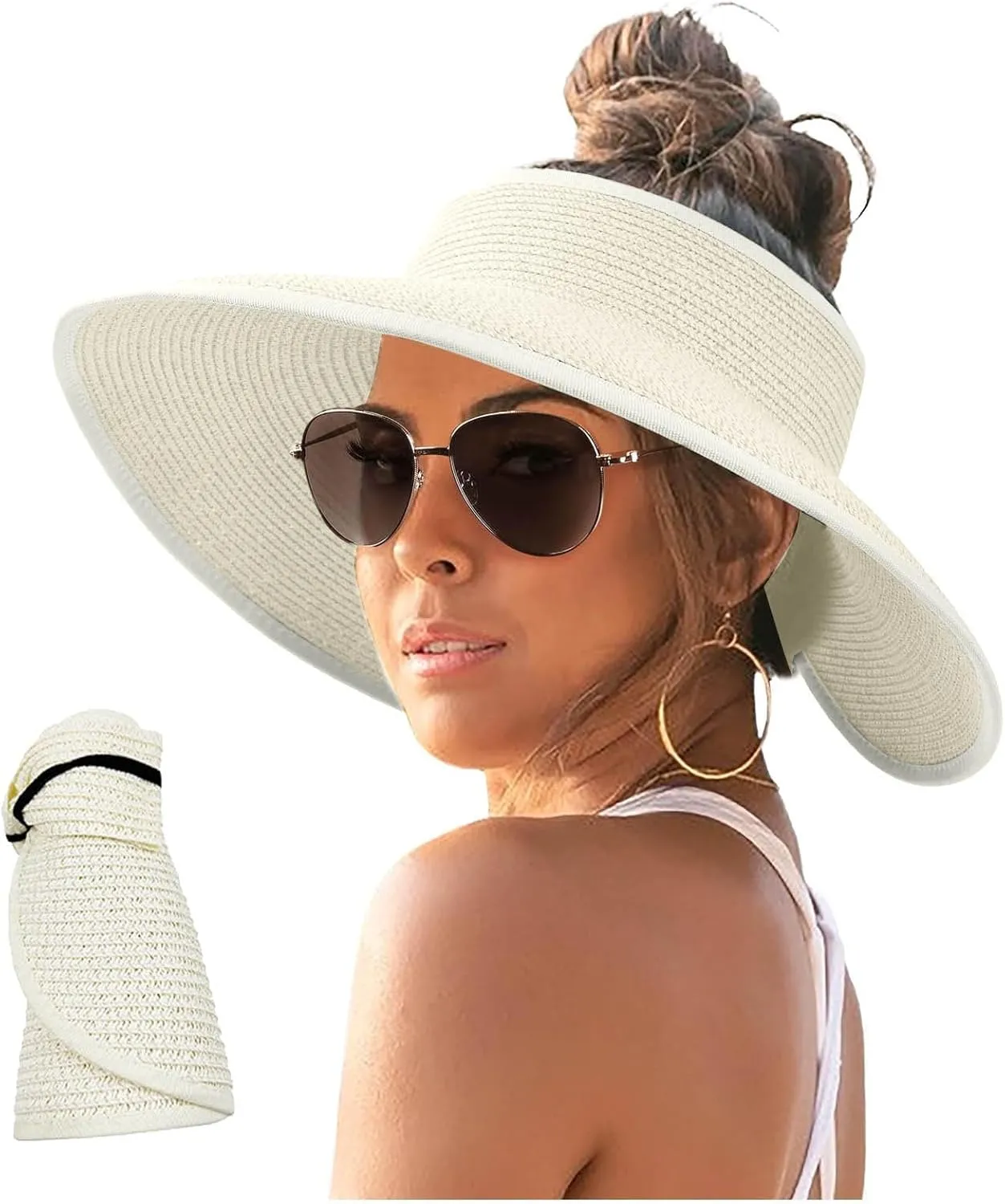 Sun Visor Hats for Women Wide Brim Straw Ponytail Summer Beach Hat Uv UPF Roll-Up Packable Foldable 2025 Outdoor