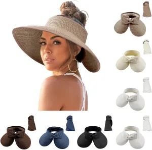 Sun Visor Hats for Women Wide Brim Straw Ponytail Summer Beach Hat Uv UPF Roll-Up Packable Foldable 2025 Outdoor