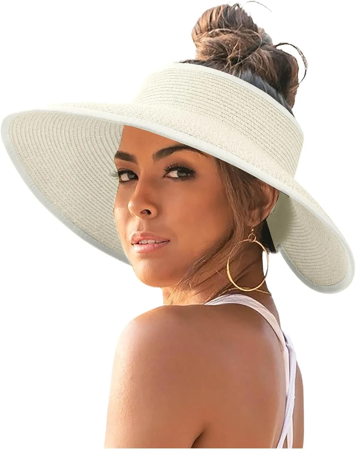 Sun Visor Hats for Women Wide Brim Straw Ponytail Summer Beach Hat Uv UPF Roll-Up Packable Foldable 2025 Outdoor