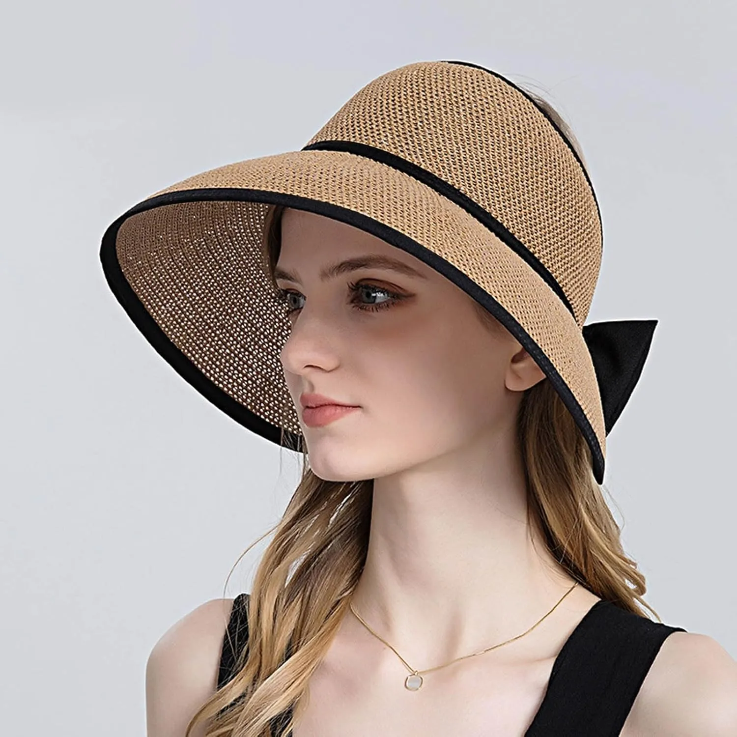 Sun Visor Hats for Women Wide Brim Straw Roll-Up Ponytail Summer Beach Hat Packable Foldable Travel