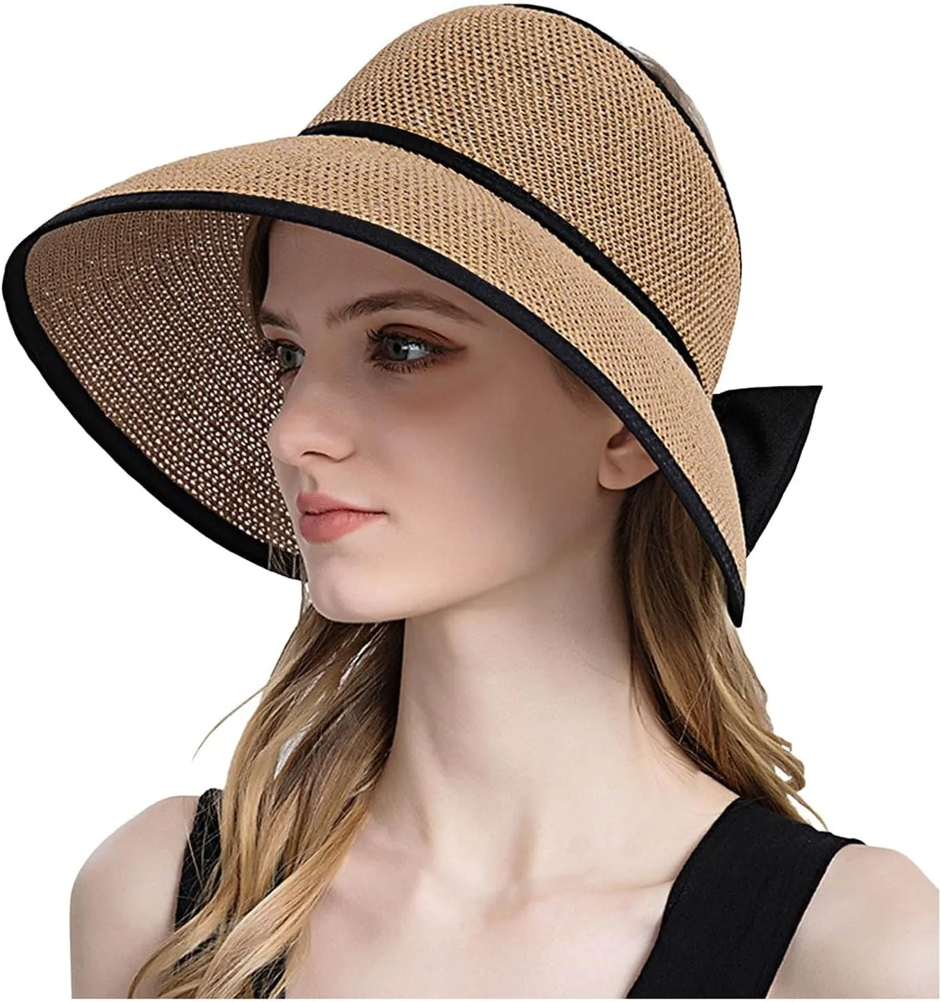 Sun Visor Hats for Women Wide Brim Straw Roll-Up Ponytail Summer Beach Hat Packable Foldable Travel