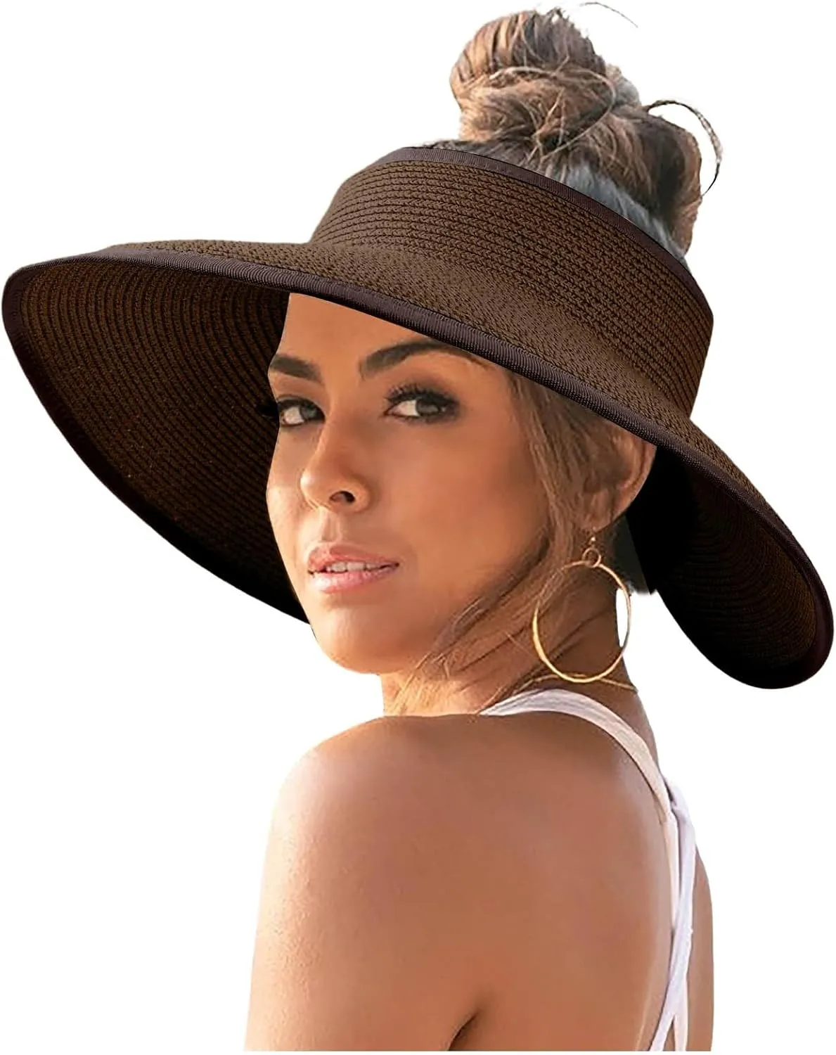 Sun Visor Hats for Women Wide Brim Straw Roll-Up Ponytail Summer Beach Hat Packable Foldable Travel