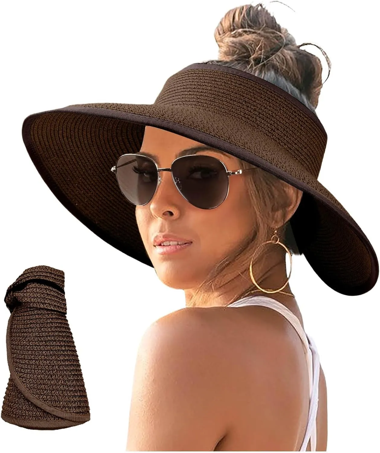 Sun Visor Hats for Women Wide Brim Straw Roll-Up Ponytail Summer Beach Hat Packable Foldable Travel