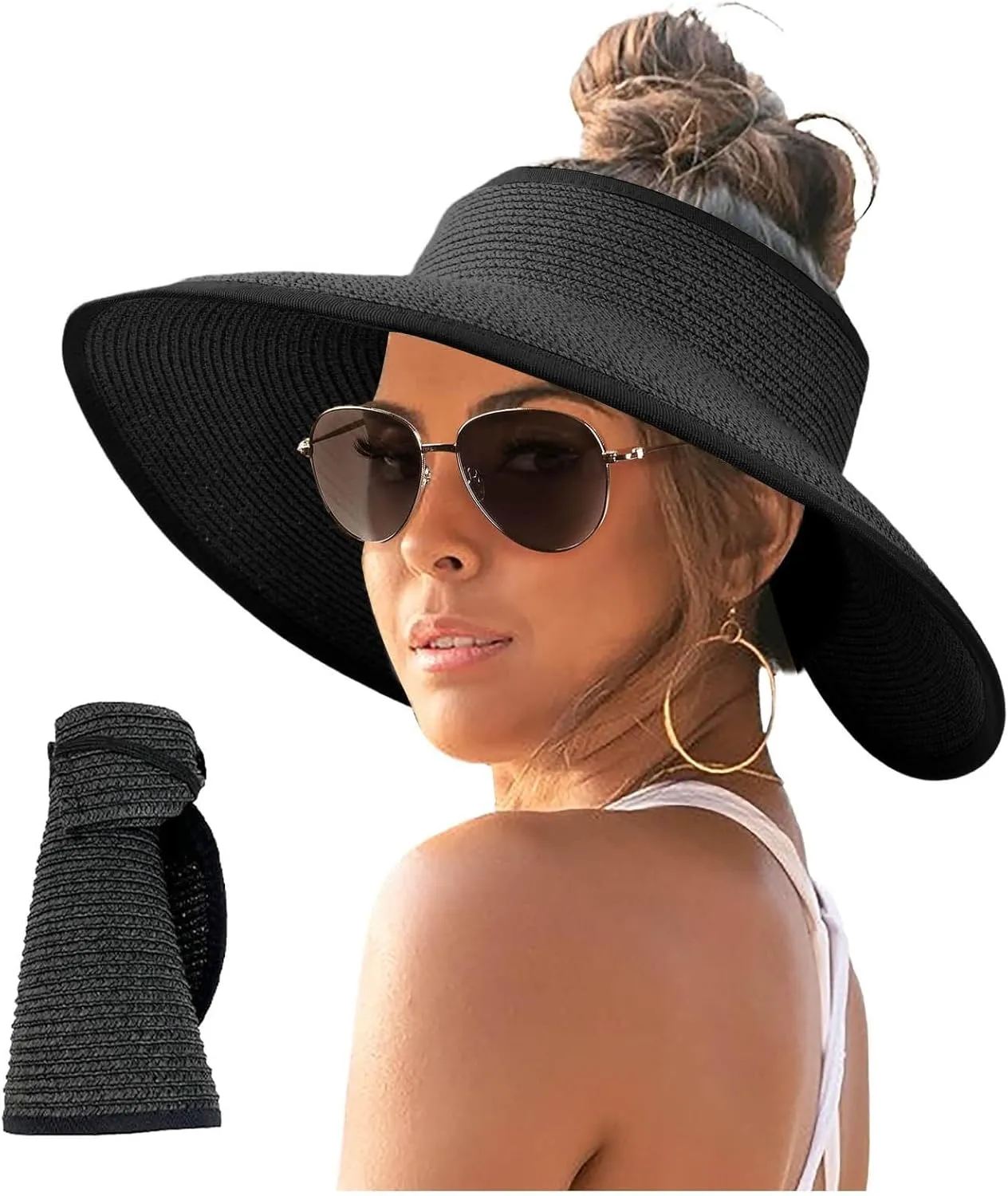 Sun Visor Hats for Women Wide Brim Straw Roll-Up Ponytail Summer Beach Hat Packable Foldable Travel