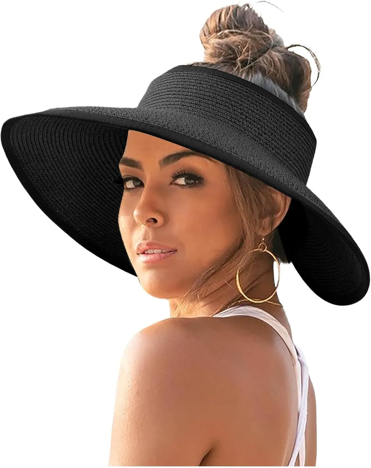 Sun Visor Hats for Women Wide Brim Straw Roll-Up Ponytail Summer Beach Hat Packable Foldable Travel