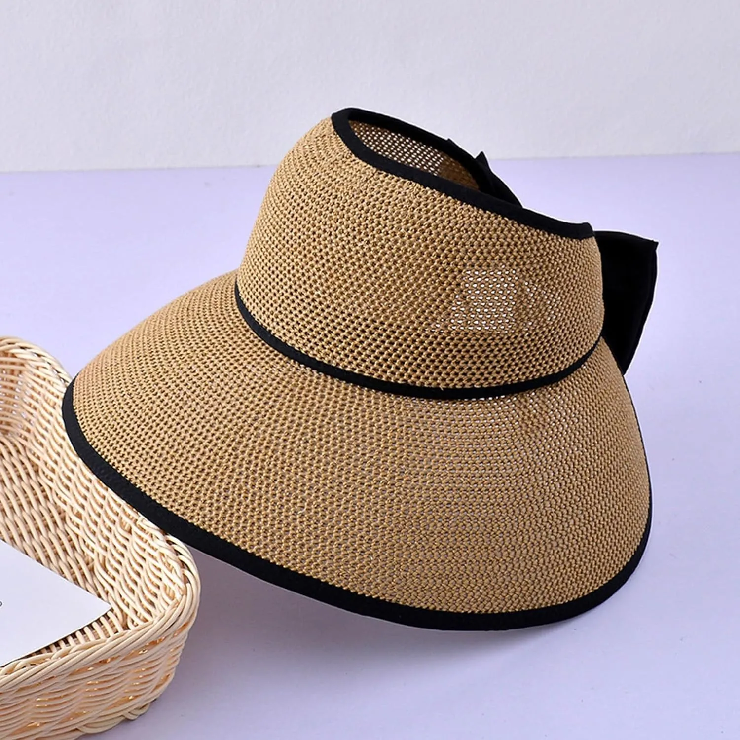 Sun Visor Hats for Women Wide Brim Straw Roll-Up Ponytail Summer Beach Hat Packable Foldable Travel