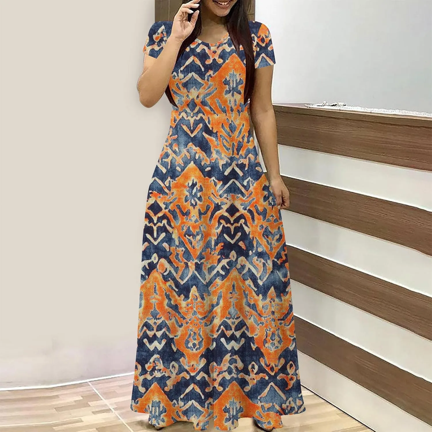 Sundresses for Women Short Sleeve Dressy Elegant Floral Maxi Dress Pleated Summer Flowy V Neck Wedding Guest Dress
